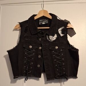 Killstar Black Distressed Denim Vest with Lace-Up Front